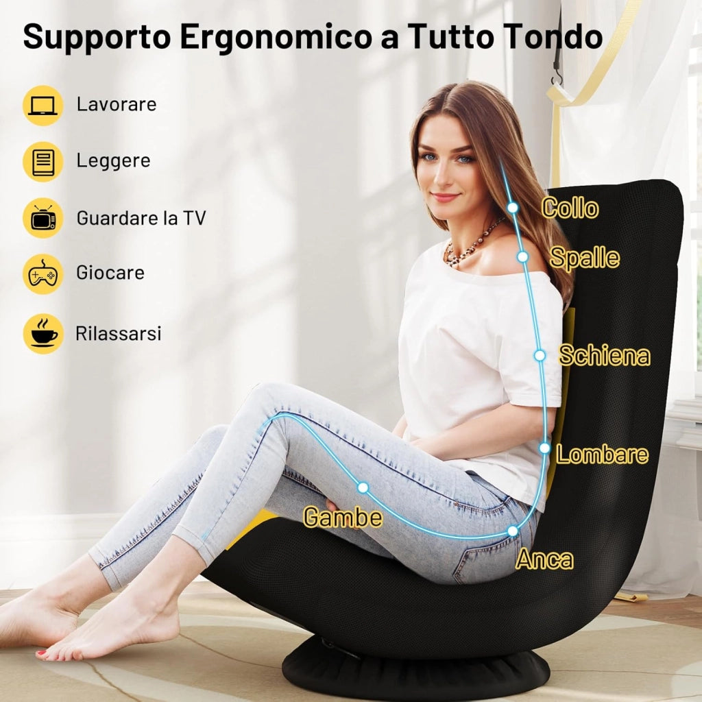 Sedia da Pavimento Pieghevole, Sedia Girevole a 360°, Sedie da Terra con 4 Posizioni Regolabili, Sedia per Lettura Gaming, Portata 140 kg