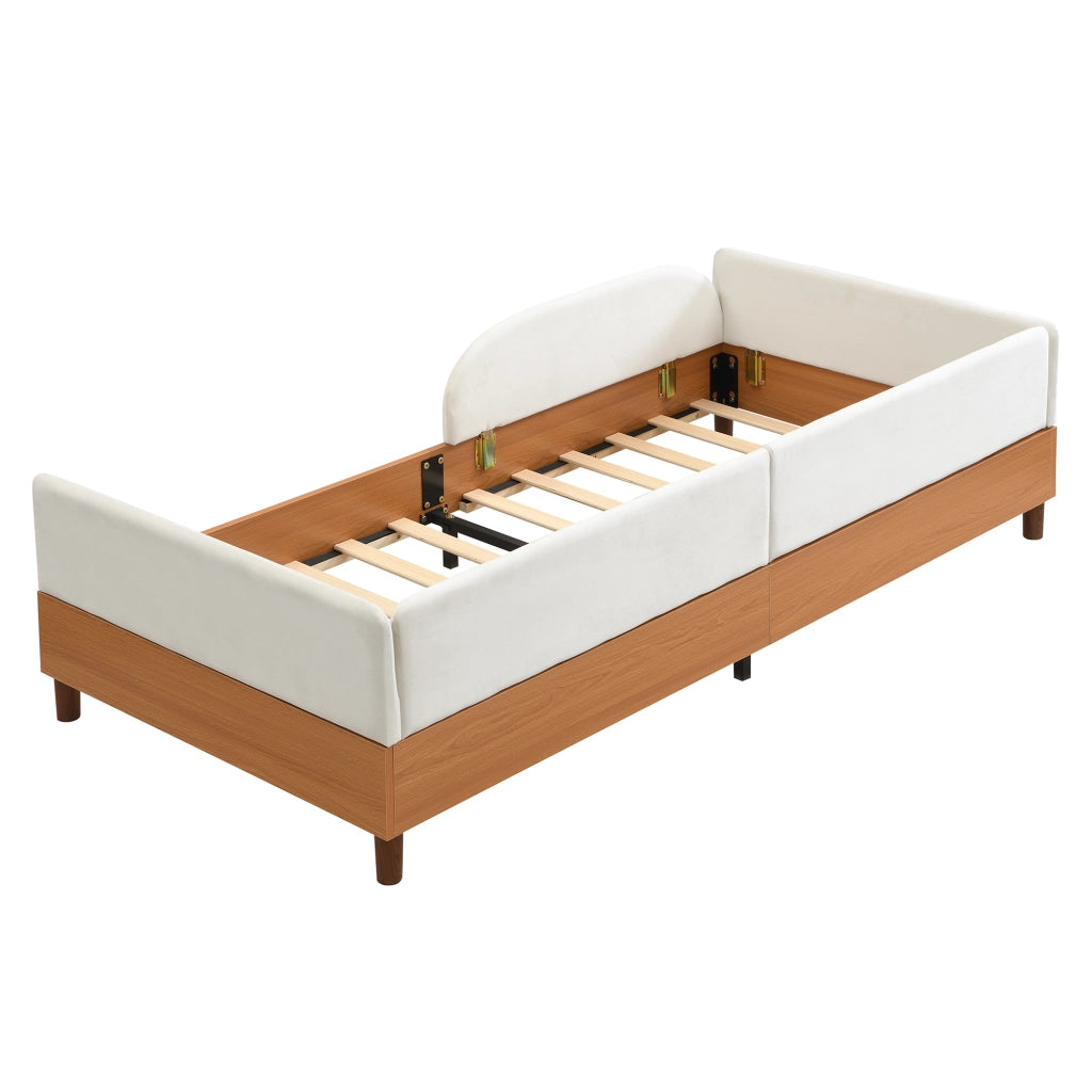 Letto con Sponda 90x200 cm; Letto Singolo - 2 Tasche - Velluto - Bianco e Naturale