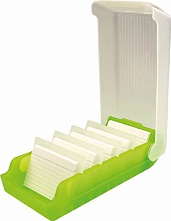 Cartellini Index in Box 'The Beebox' DIN A7 Orizzontale, Verde, Carta Index e Cassetta di Archiviazione con 100 Cartellini Index Gommati