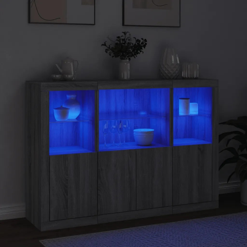 Credenze con Luci LED 3 pz | Madia | Buffet da pranzo | Armadio da pranzo Grigio Sonoma in Legno Multistrato