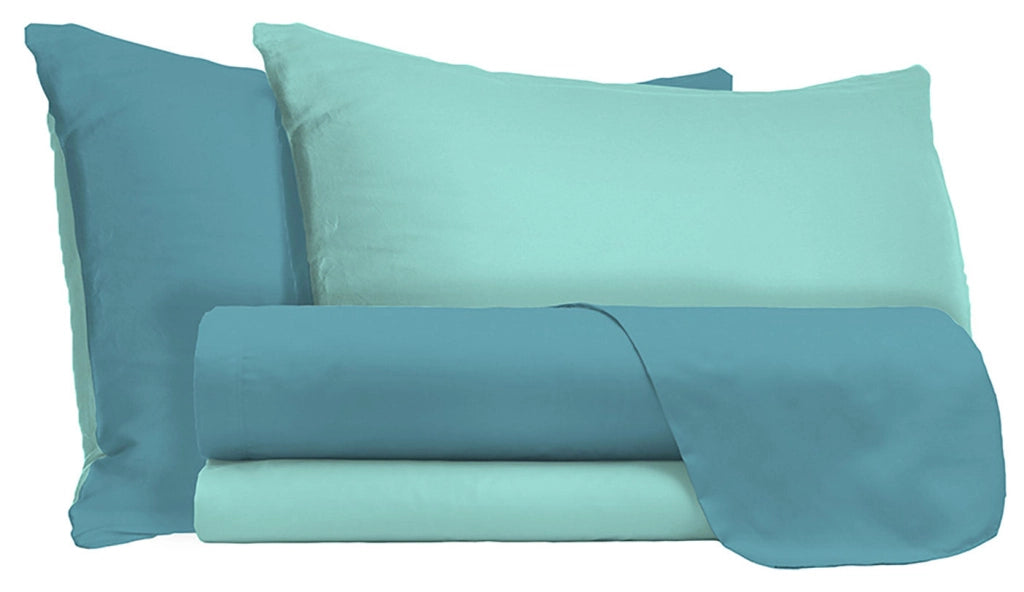 Set Lenzuola Singolo Sopra Sotto e Federe Doubleface Ottanio/Verde Acqua
