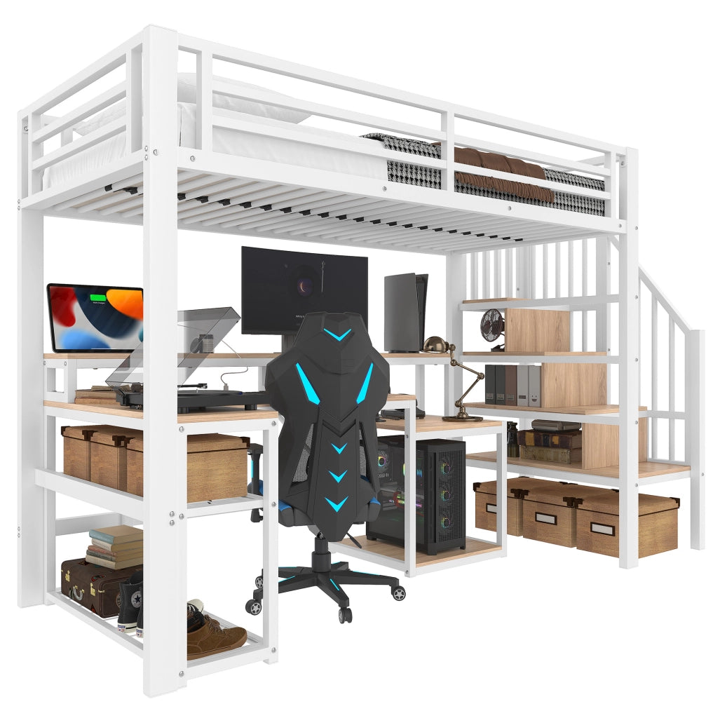 Letto a soppalco 90x200 cm con scrivania, LED e USB in metallo e MDF bianco