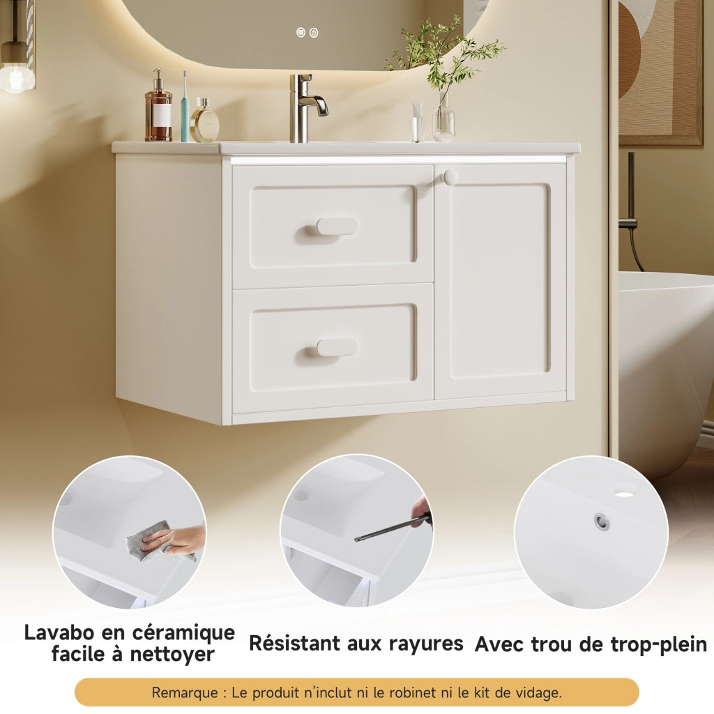 Mobile sottolavabo sospeso con lavabo in ceramica, 2 cassetti, LED a sensore radar, bianco 76 × 46 × 51 cm