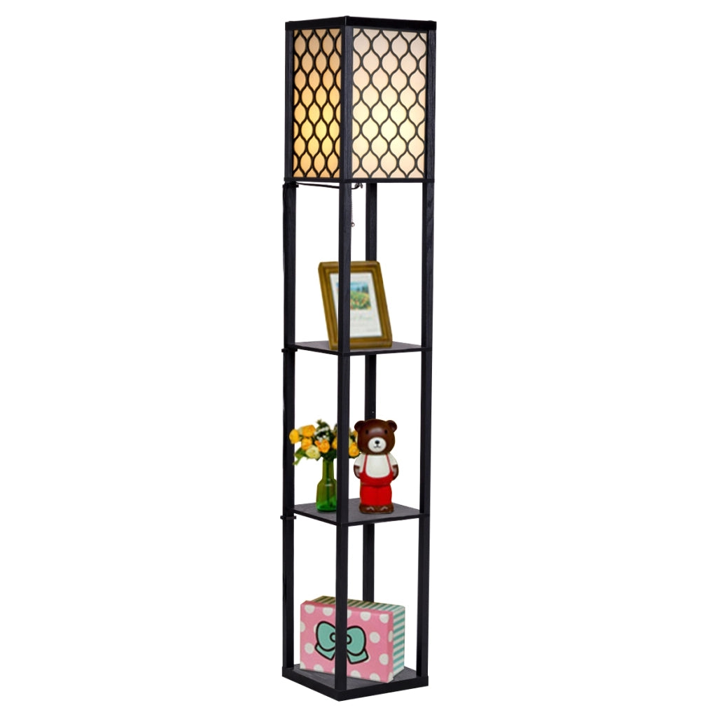 Lampada con scaffale di legno, Organizer con lampada per salone e camera da letto, Nero