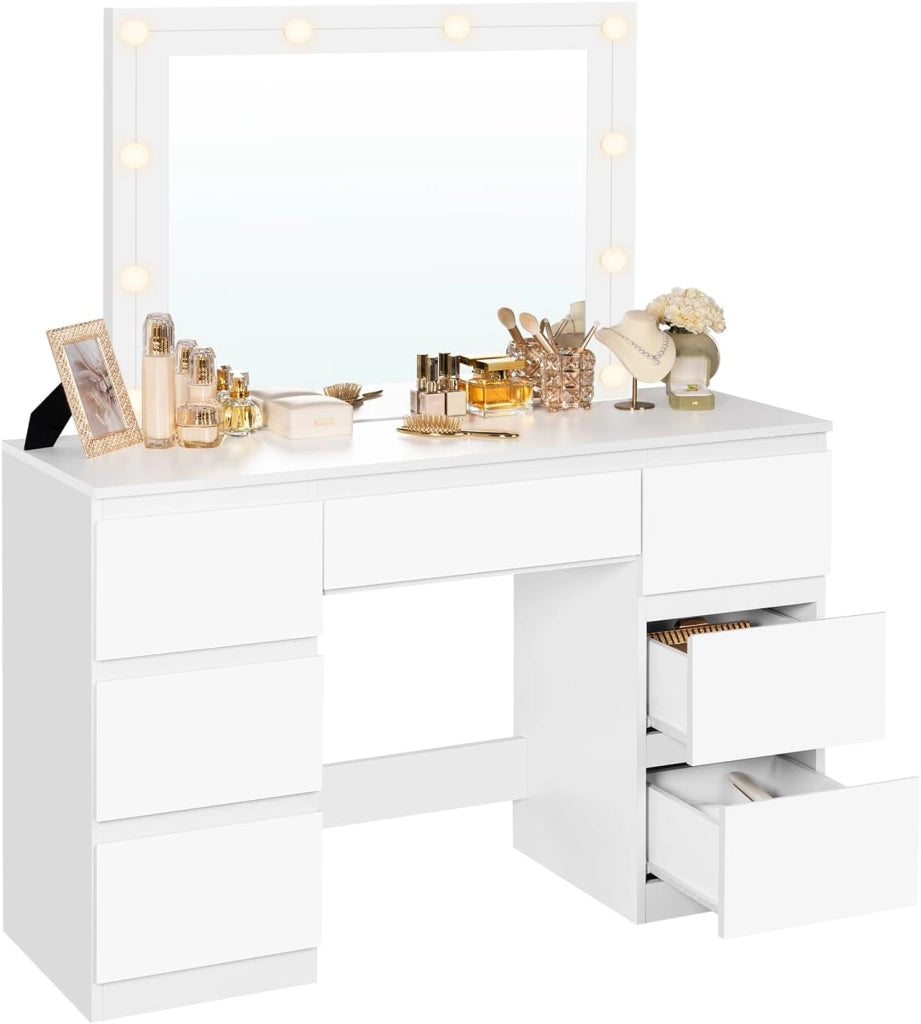 Grande toeletta da trucco, Toeletta con Specchio e Luci, Tavolo da trucco con specchio, Postazione Trucco con 7 cassetti per Camera da Letto, bianco, 107 cm