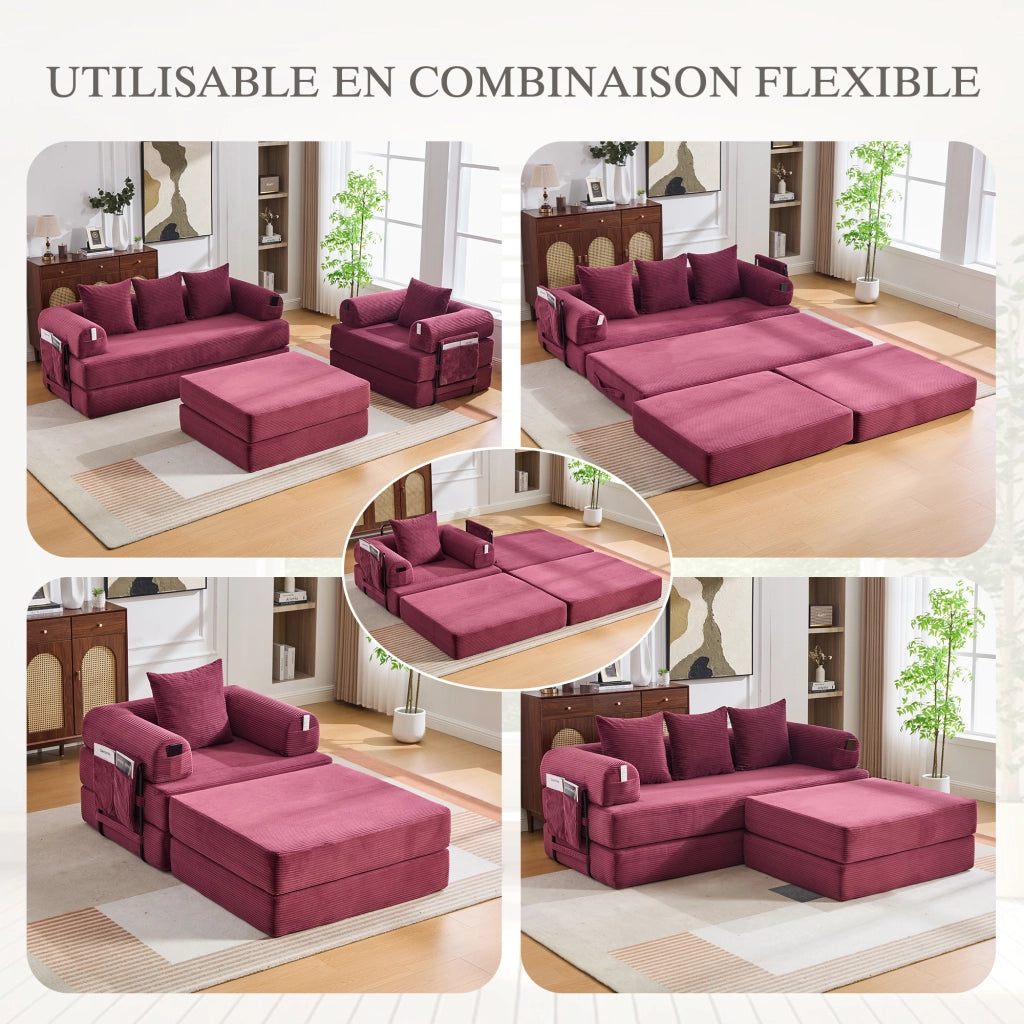 Divano modulare 3 posti - con tasca laterale e cuscini - in corduroy bordeaux