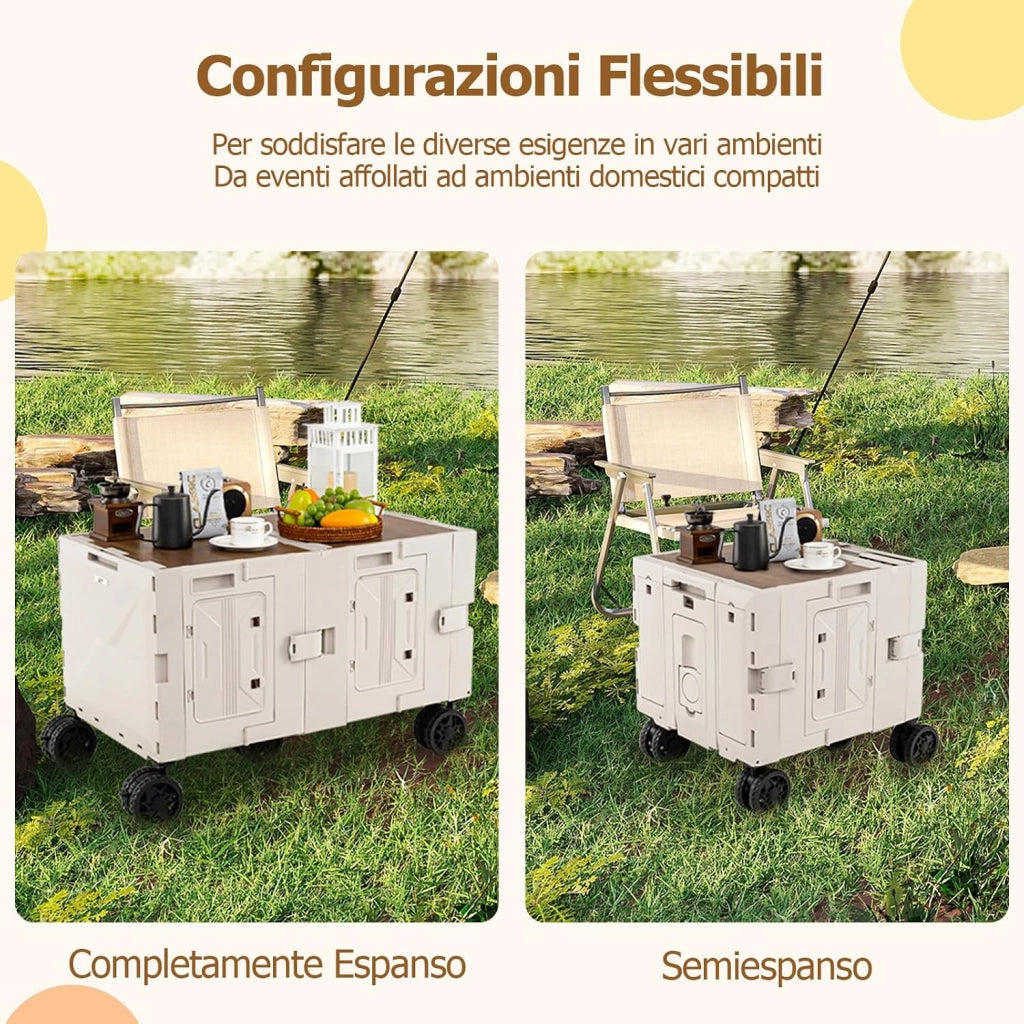 Carrello da Spiaggia Pieghevole 150 L, Carrello con Ruote Portatutto con Armadio a 2 Livelli e Manico Telescopico in Metallo, Carretto Giardino Portatile per Campeggio, Portata 120 kg (Bianco)