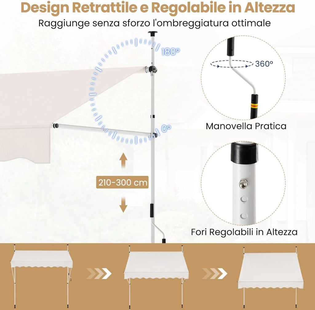 Tenda da Sole a Morsetto, Regolabile in Altezza e Inclinazione con Manovella, Telo Impermeabile e Resistente ai Raggi Solari e Telaio Antiruggine, Tenda Retrattile Senza Foratura (3M,Bianco)