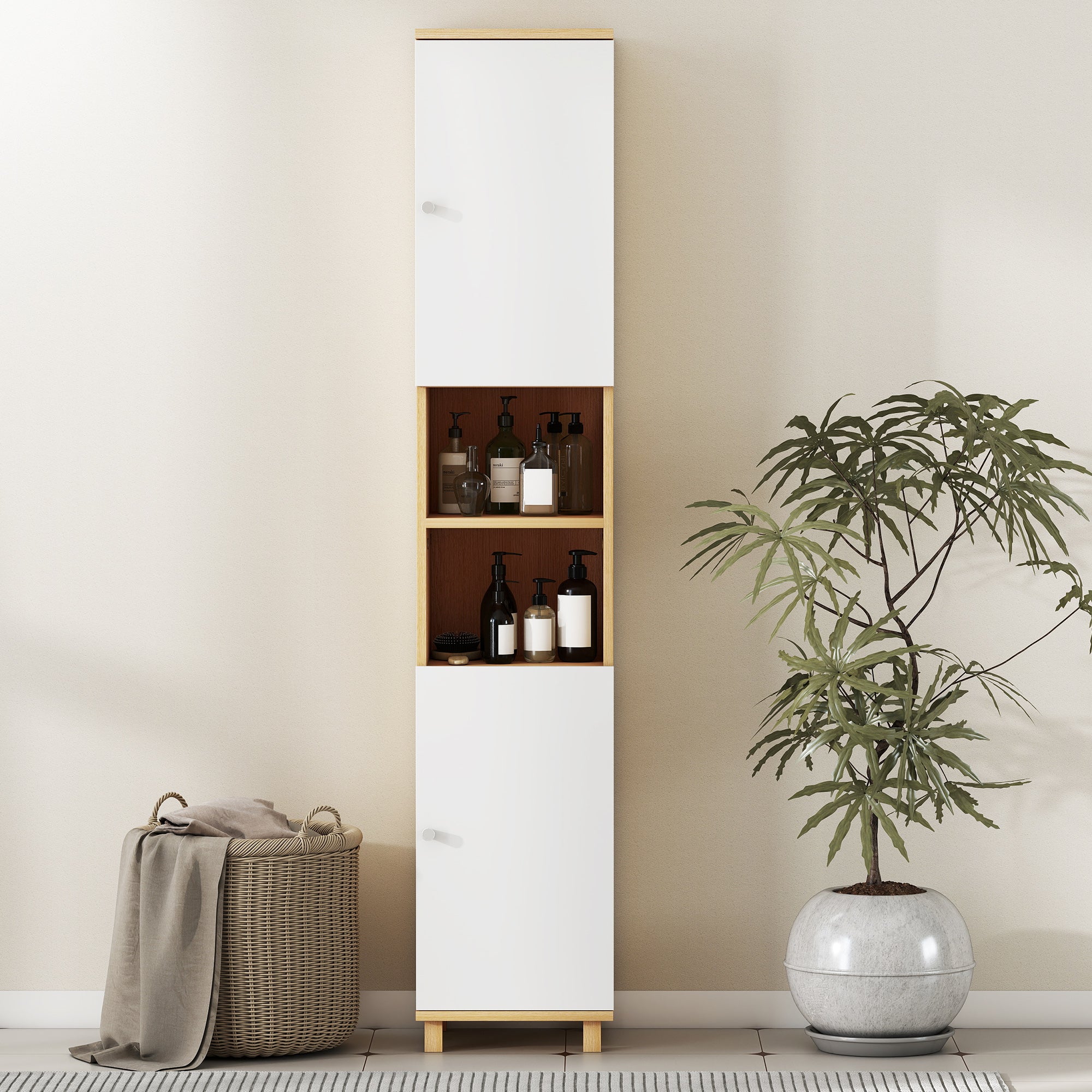 Mobile Colonna Bagno 30x30x166 cm con 2 Armadietti e Ripiani Aperti Bianco e Legno