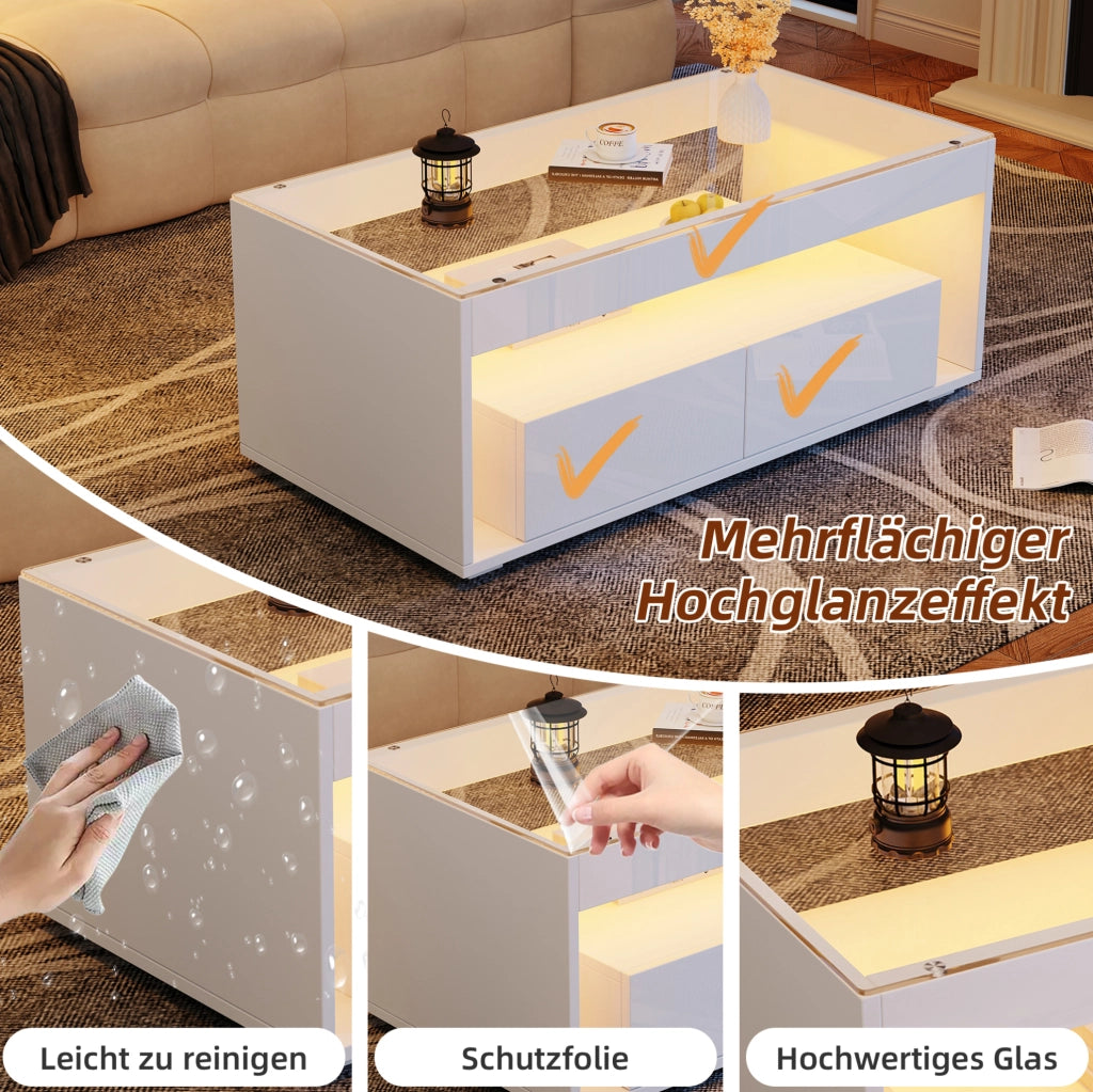 Tavolino da caffè LED bianco 100x50x40 cm con 2 cassetti