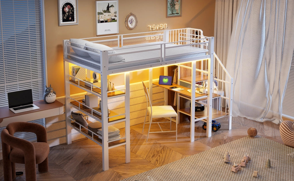 Letto a soppalco 90x200 cm in metallo con scrivania, scaffale e vano armadio, LED e presa, Bianco/Nero