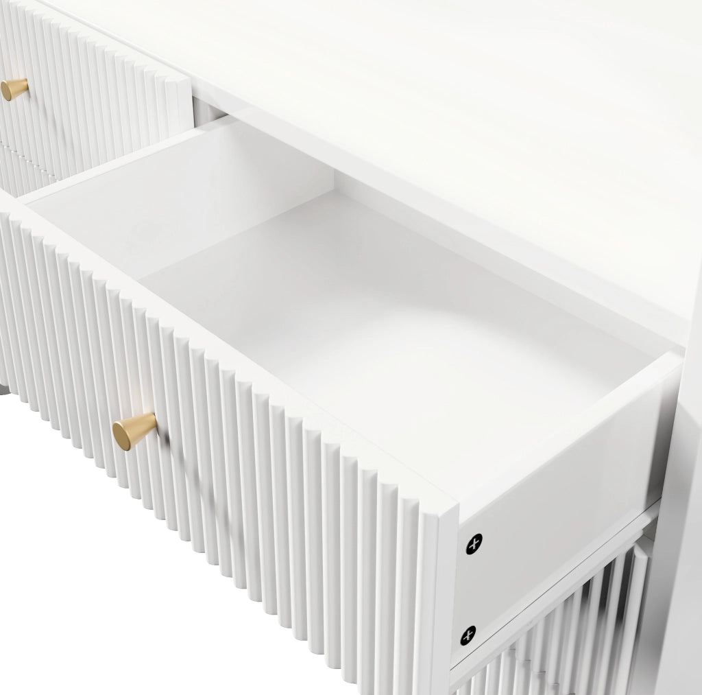 Credenza bianca con LED, 6 cassetti e design a onde, 120 x 40 x 75 cm
