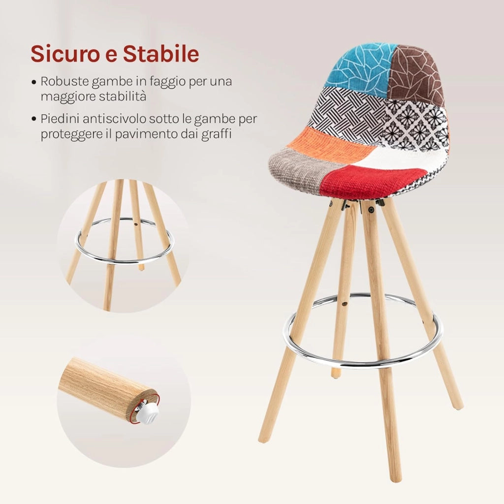 Sgabelli Bar Set di 2, Sedia Alta con Schienale e Poggiapiedi per Isola Cucina, Pub, Sala da Pranzo, in Gambe Legno, Lino, Patchwork