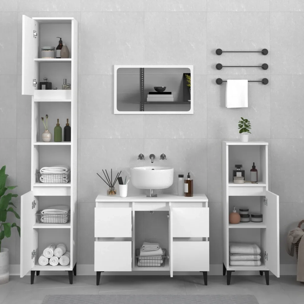 Set Mobili da Bagno | Armadio da bagno 3 pz Bianco in Legno Multistrato