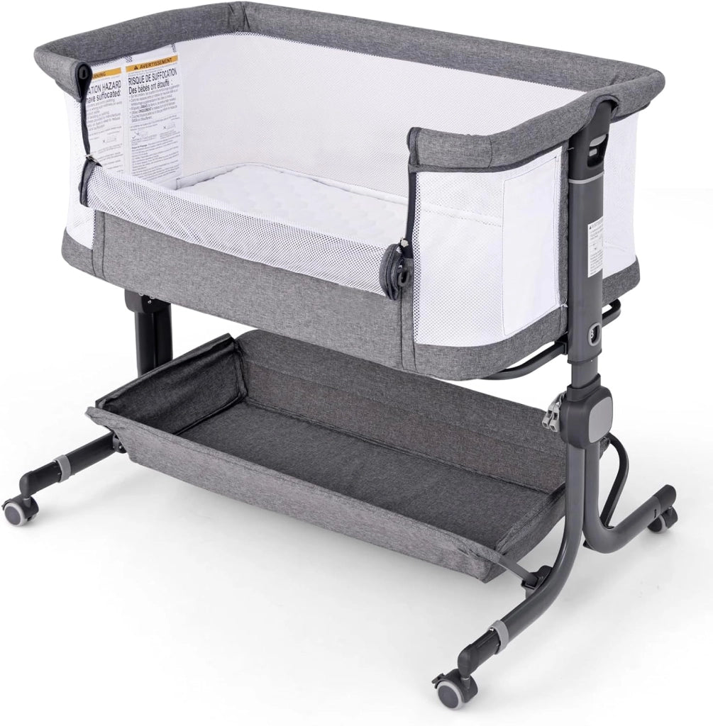 Culla Neonato con Matterasso, Culla Next to Me Piechevole con Altezza Regolabile a 6 Livelli, Lettino Bambino con Mensola Portaoggetti, Borsa da Trasporto, per Bambini 0-6 Mesi (Grigio Scuro)