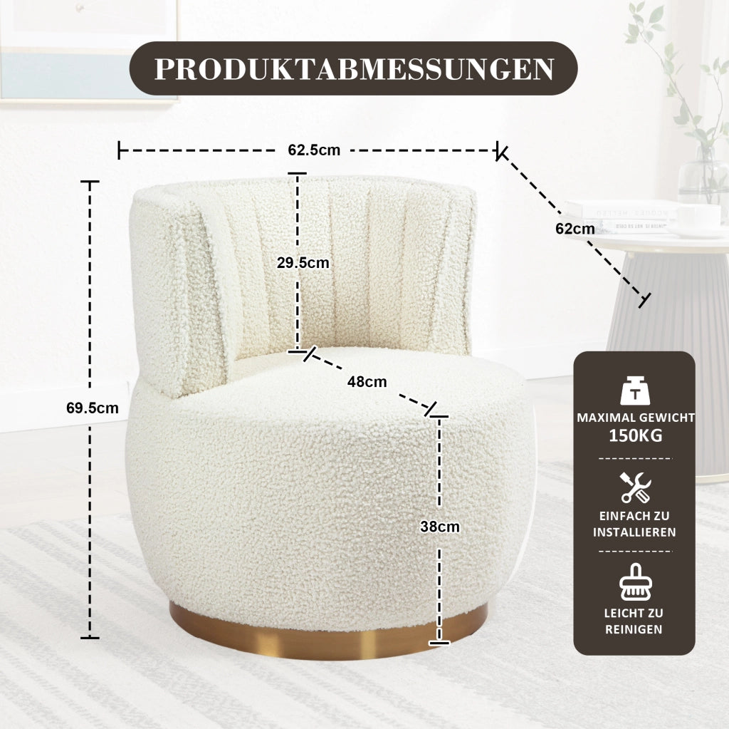Poltrona girevole 360° in Teddy bianco; seduta imbottita; struttura in legno e metallo; 62;5x62x69;5 cm