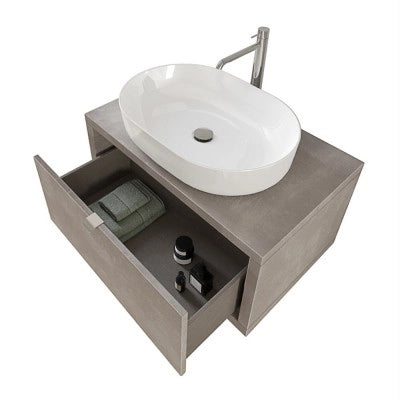 Mobile bagno sospeso 80 cm grigio cemento con lavabo a bacinella e specchio tondo Master