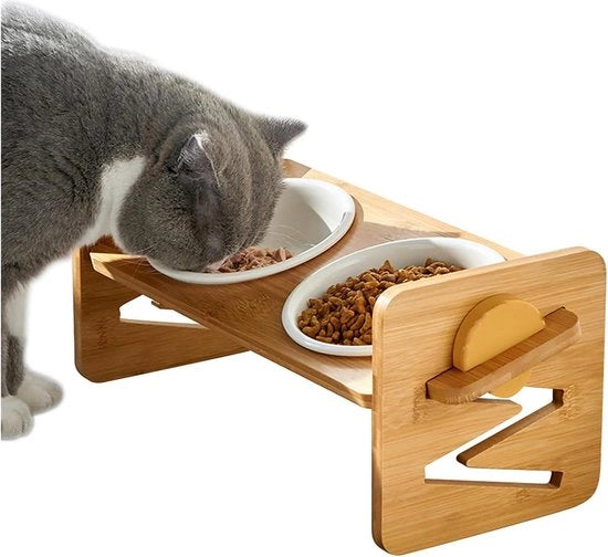 Supporto Elevabile per Ciotole di Cibo e Acqua per Gatti e Piccoli Cani con 2 Ciotole in Ceramica