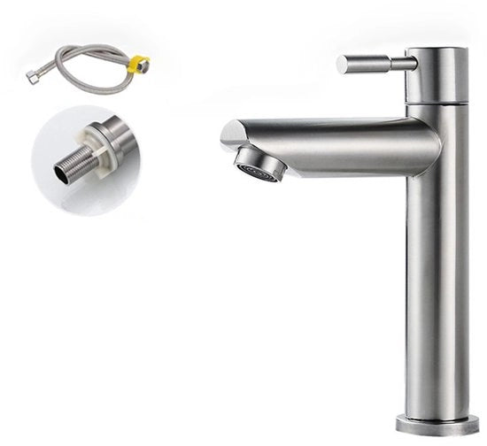 Acquasistema in acciaio inossidabile per rubinetto singolo freddo - Bagno - Cucina Rubinetto in metallo - Design moderno - Manutenzione facile - Installazione - Decorazione domestica - Incluso tubo esplosione sicuro 80cm