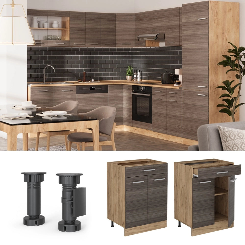 Mobiletto base per cucina R-Line Grigio nobile/Rovere dorato 60 cm con cassetto, senza piano di lavoro Vicco