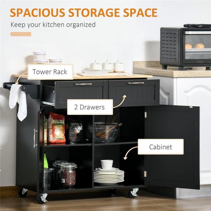 CARRELLO DA CUCINA MULTIUSO IN LEGNO CON 2 CASSETTI ARMADIETTO E 4 RUOTE NERO