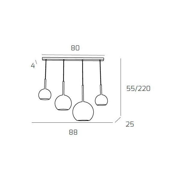 Lampadario moderno 4 luci vetro oro a sospensione Future - Attacco E27 max 60W - Struttura cromo 88x25x220cm