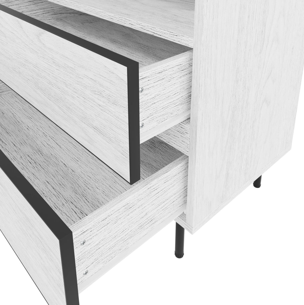 Credenza ULEVR 140x42x77 cm con ante senza maniglie, cassetti e ripiani aperti, bianca