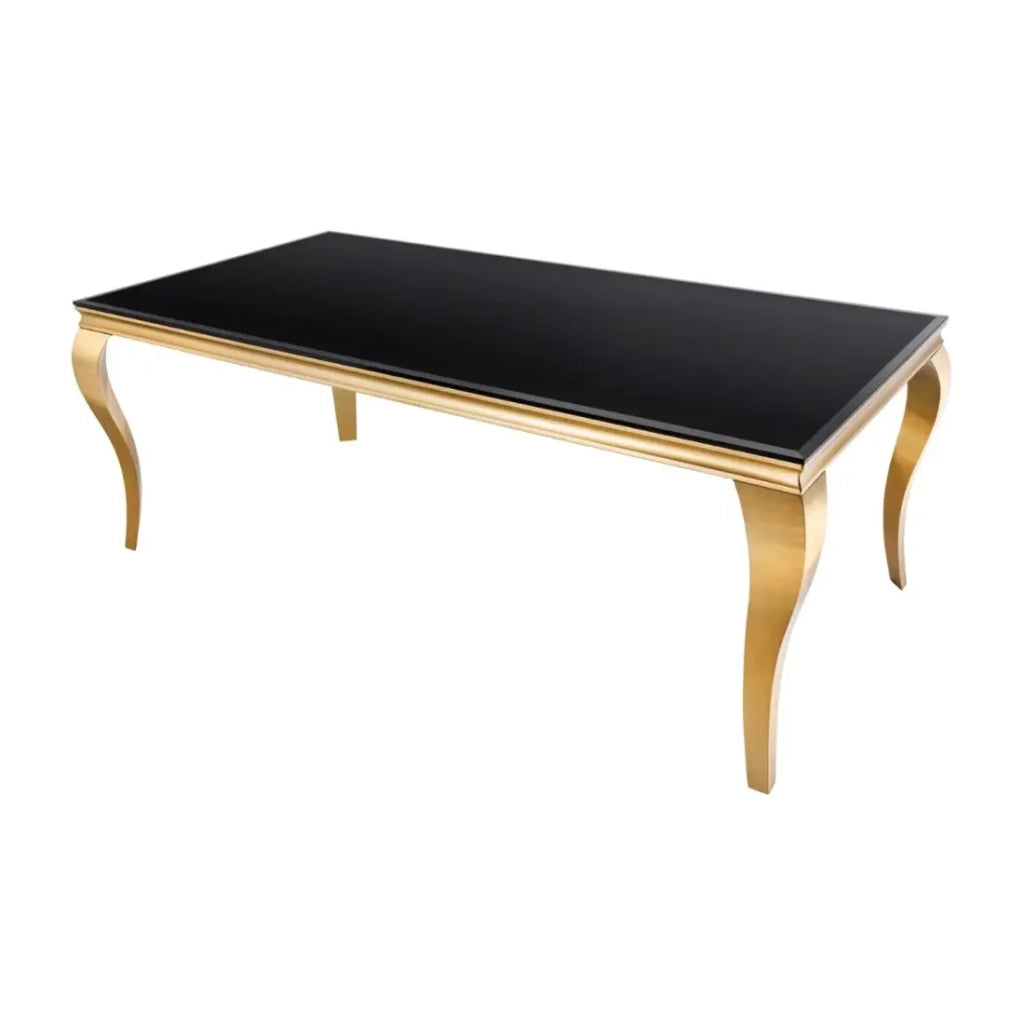 Table VELENA 200 cm – Piano in vetro nero e struttura in acciaio dorato – Eleganza barocca e design raffinato