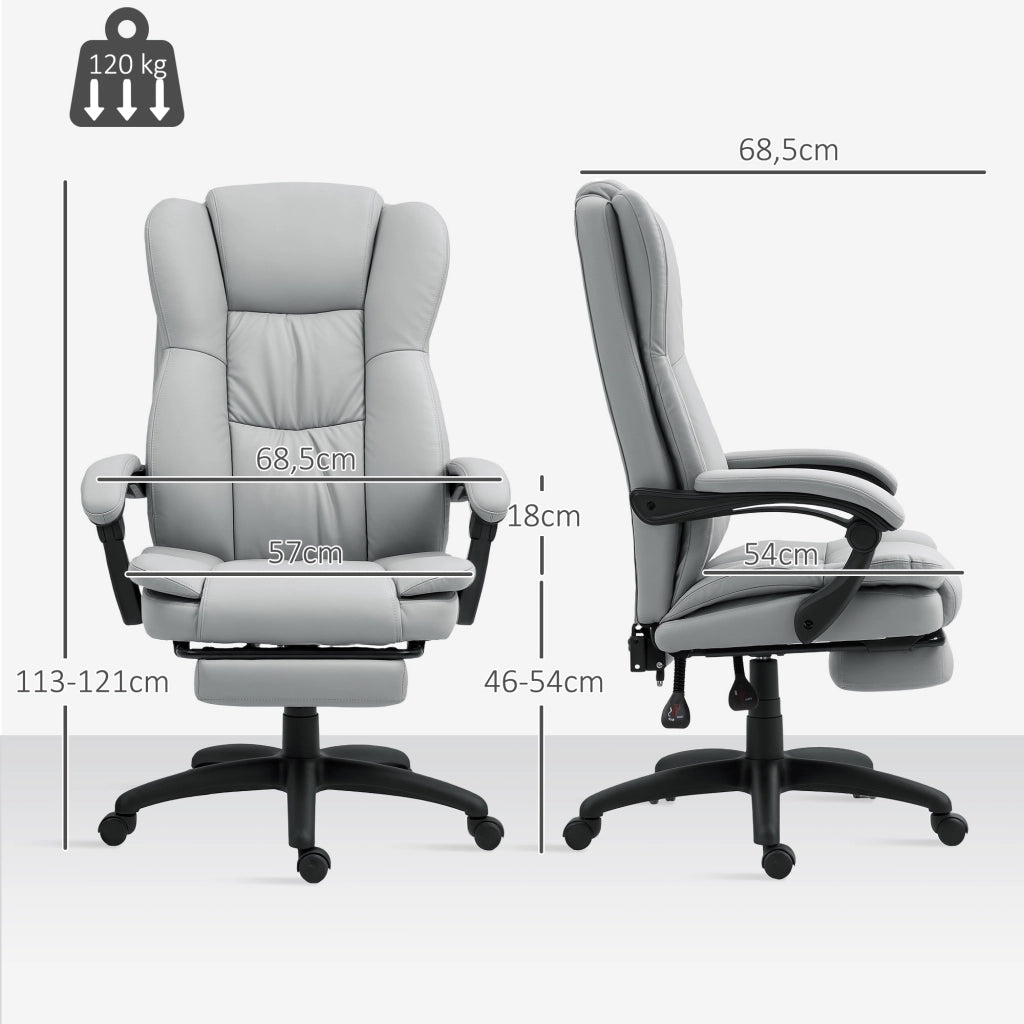 Poltrona da ufficio ergonomica con massaggio, schienale reclinabile e poggiapiedi in similpelle grigio chiaro
