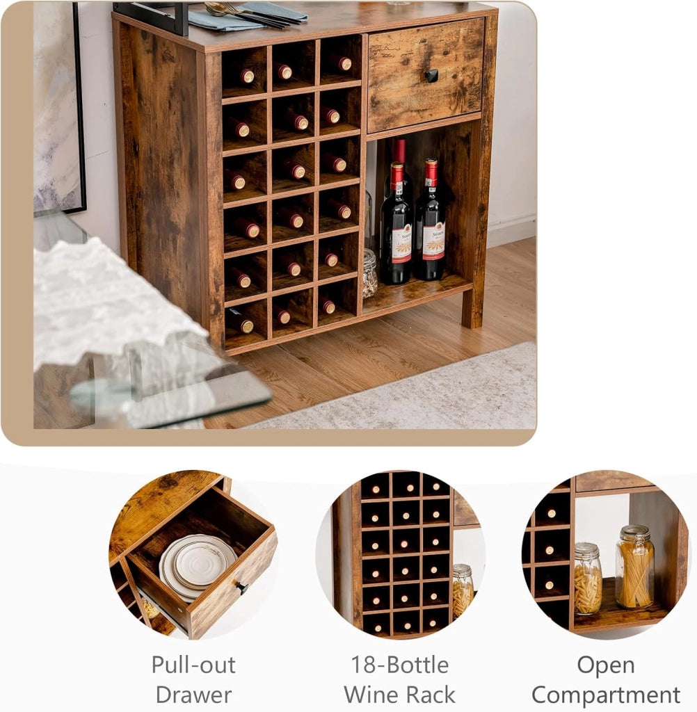 Credenza da Cucina per Vino, Mobile Bar con Ripiani a 3 Livelli, 18 Portabottiglie, Portabicchieri, Mobile Portabottiglie con Cassetto per Sala da Pranzo, Soggiorno, Marrone, 74 x 40 x 160cm