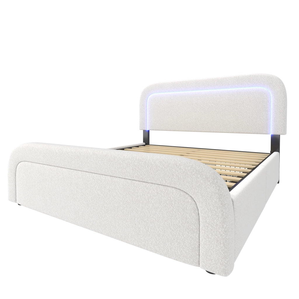 Letto matrimoniale 140x200 cm in Sherpa bianco con USB-C, LED e 4 cassetti