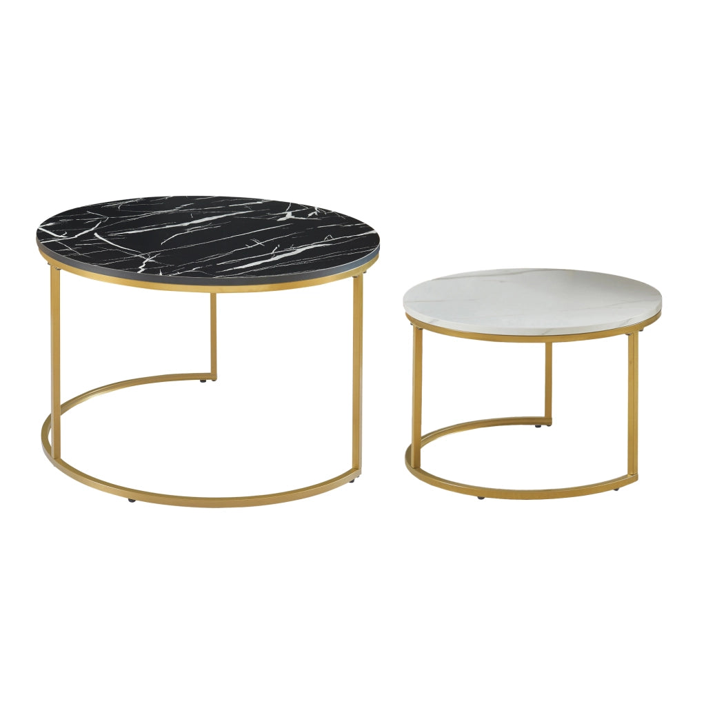 Set Christchurch 2 Tavolini Sovrapponbili con Piani Rotondi - Effetto Marmo Nero e Bianco / Oro [en.casa]