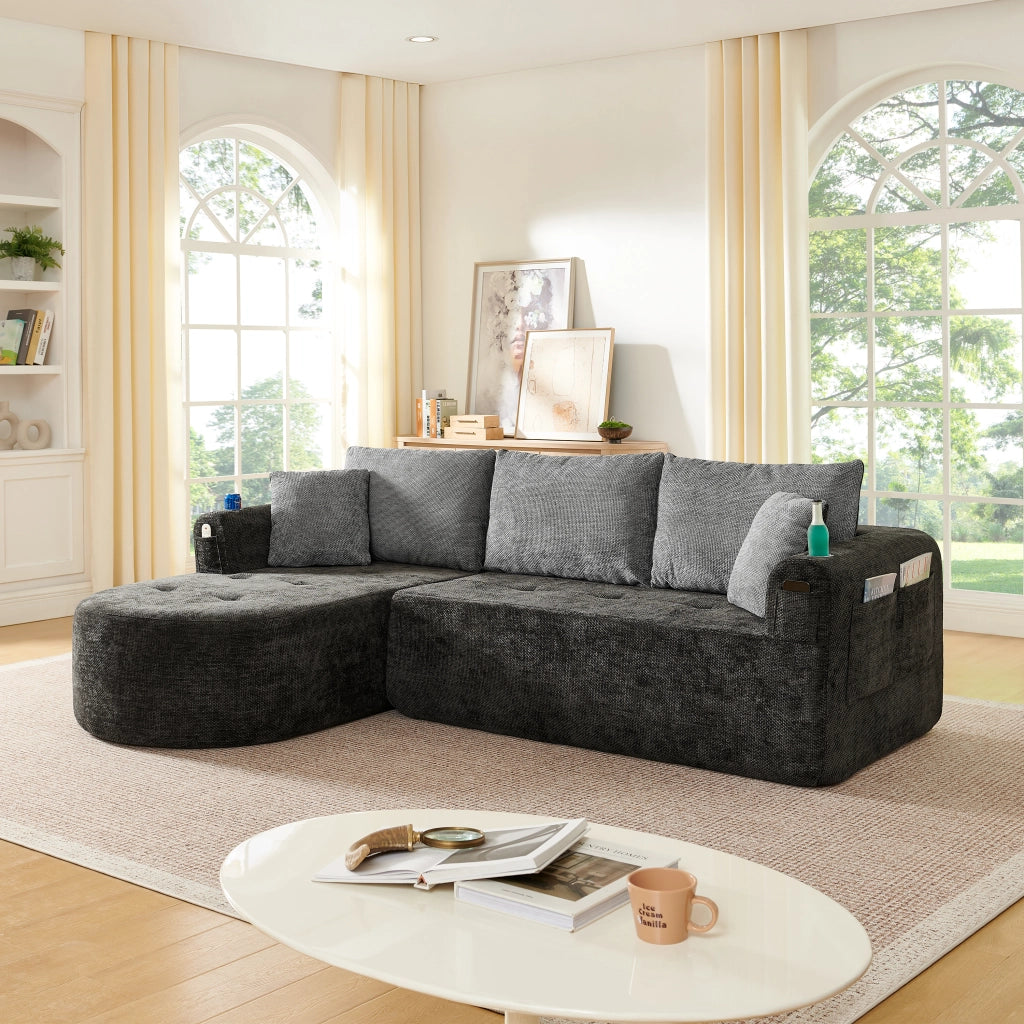 Divano angolare modulare con portabicchieri in acciaio tasche laterali e cuscini in tessuto - nero