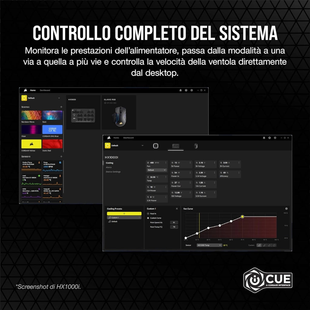 HX1200i Interamente Modulare Ultra-Silenzioso Alimentatore - Compatibilità con Standard ATX 3.0 e PCIe 5.0 - Ventola con Cuscinetto Fluidodinamico - CORSAIR iCUE - 80 PLUS Platinum - Nero