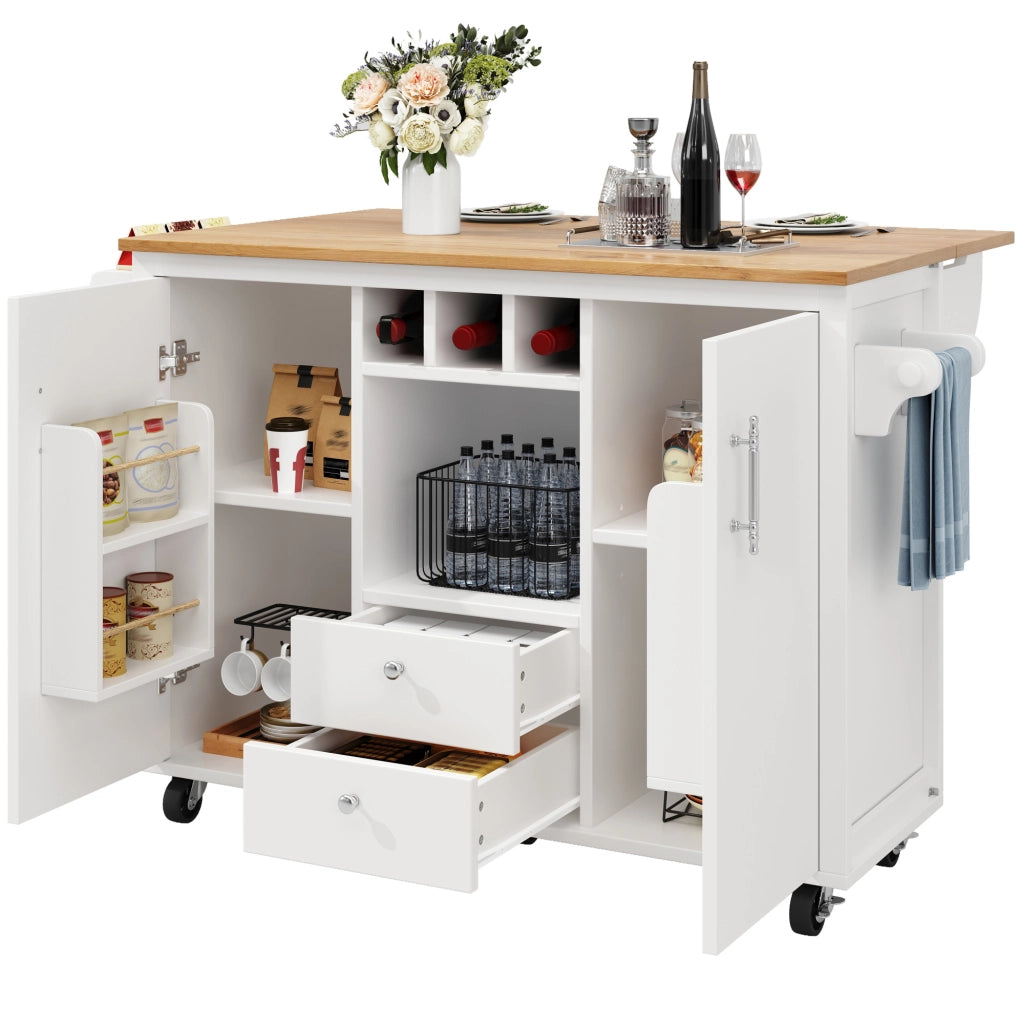 Isola da cucina 137.9x73x92 cm con piano pieghevole; ruote; MDF e metallo bianco