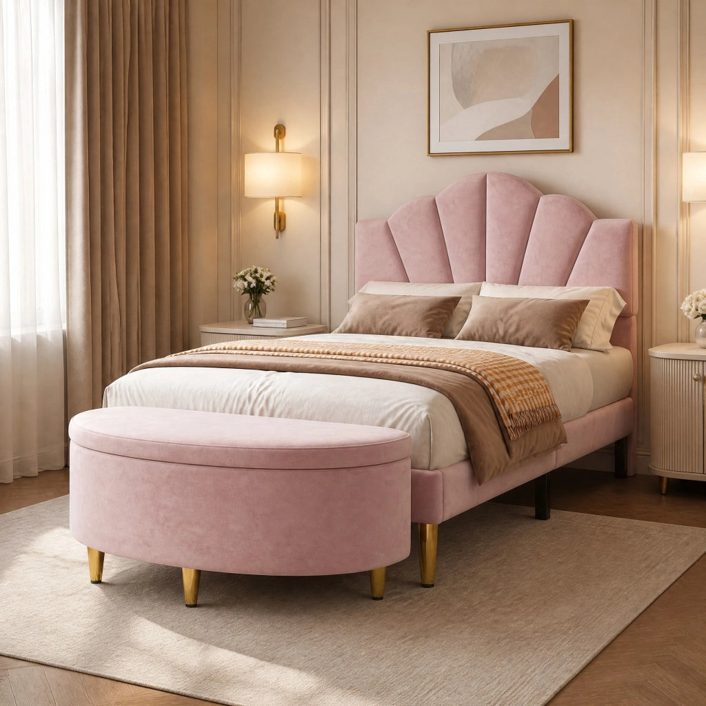 Letto imbottito in velluto rosa 90x200 cm con testiera regolabile, rete a doghe in legno e metallo, panca contenitore inclusa