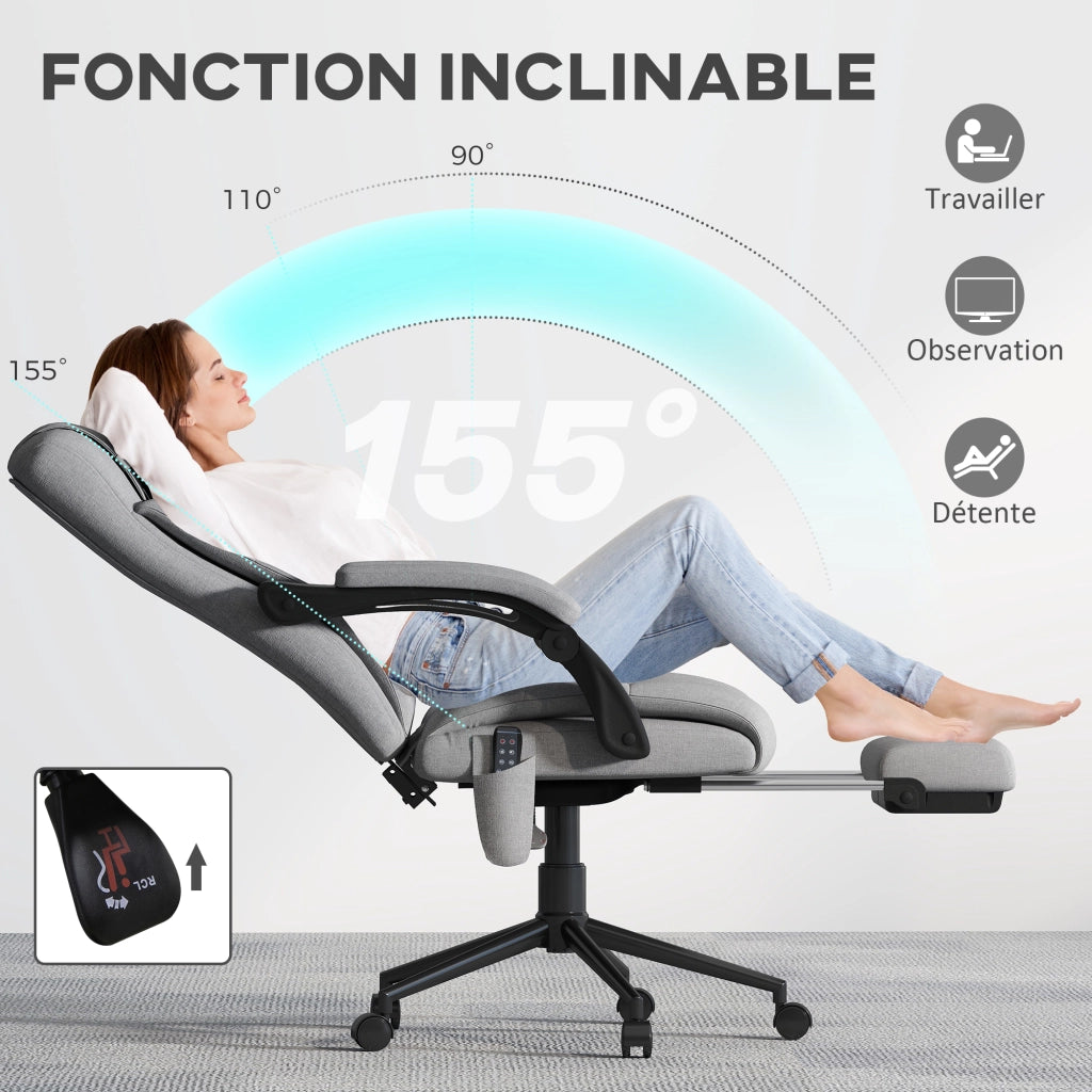 Sedia da Ufficio Ergonomica con Massaggio Riscaldante ¨C Xylo ¨C Tessuto Effetto Lino Grigio Regolabile 116-124 cm