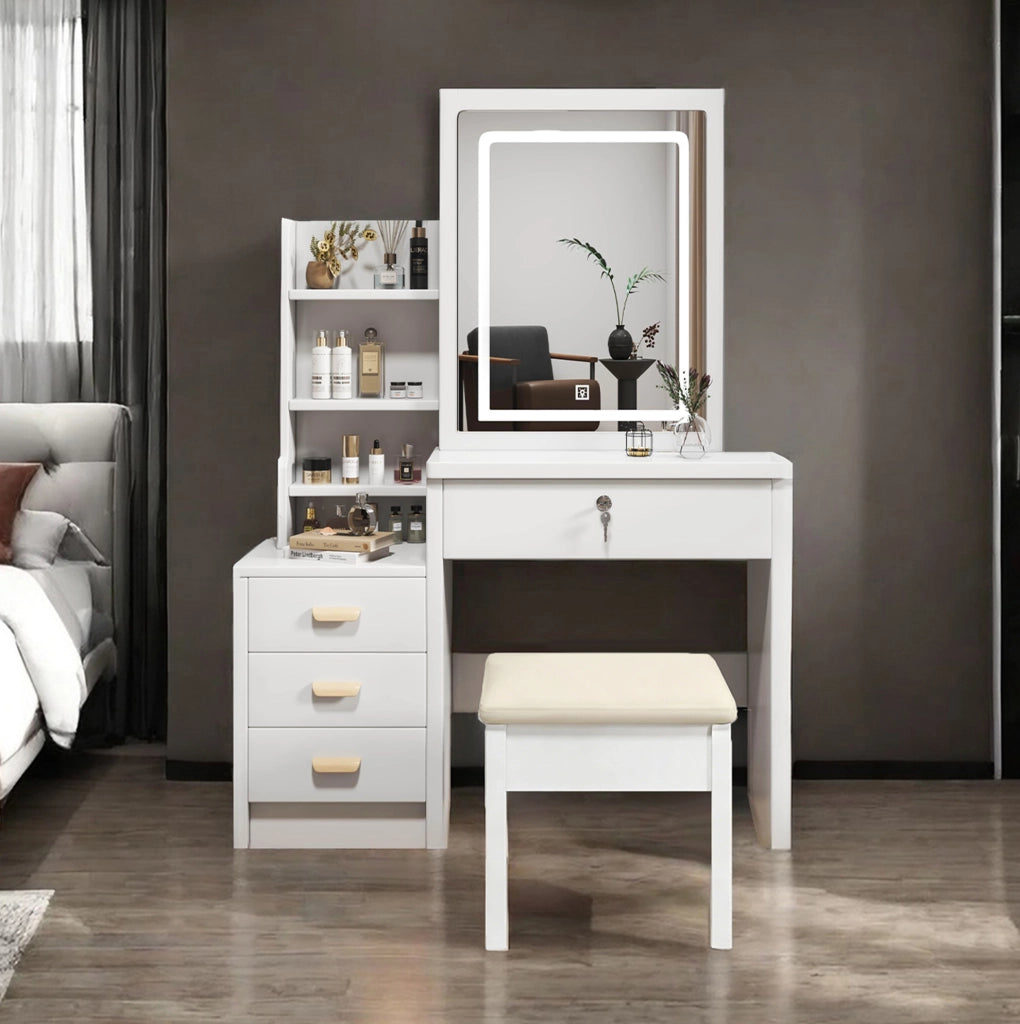 Toeletta bianca in MDF con specchio LED, luci regolabili e vani