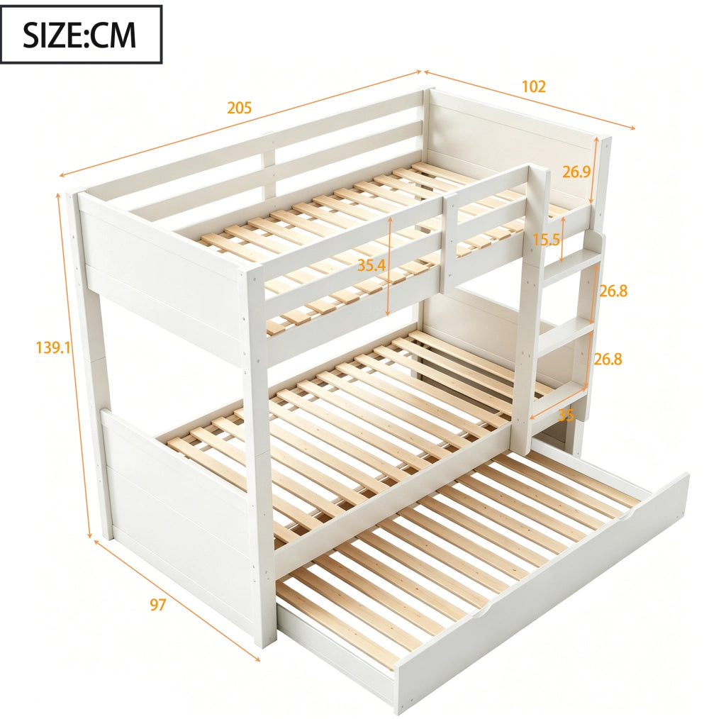 Letto a castello 90x200 cm in legno bianco con letto estraibile e scala