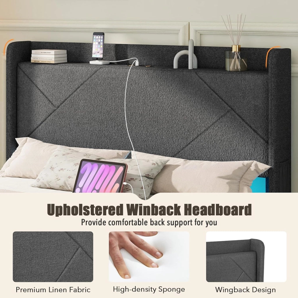 Telaio letto 140 x 200 cm con illuminazione a LED, letto matrimoniale con presa e stazione di ricarica, telaio imbottito con rete a doghe, letto imbottito con 4 cassetti pieghevoli e 2 tasche