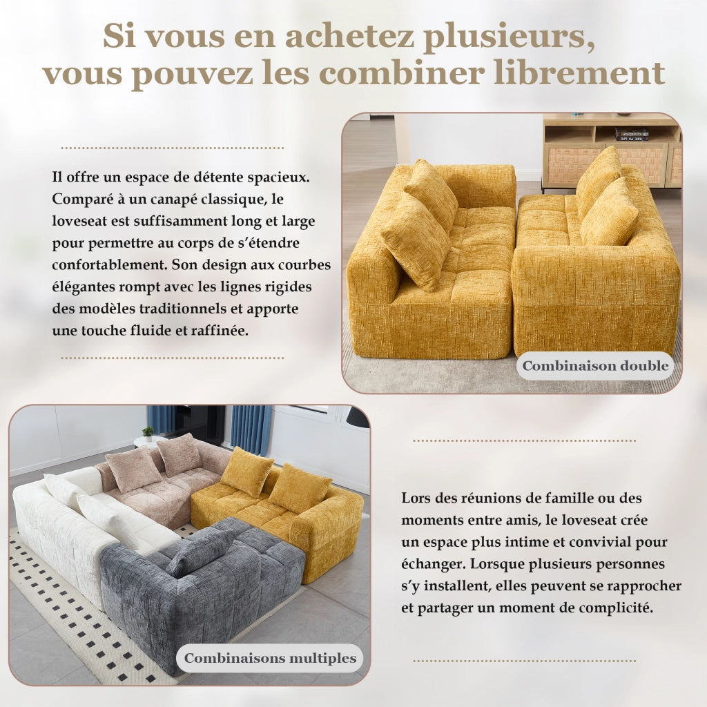 OKWISH Divano 2 Posti, Seduta Morbida con Tasche Laterali e Cuscino Incluso, Stile Chaise Longue, Ciniglia, Giallo