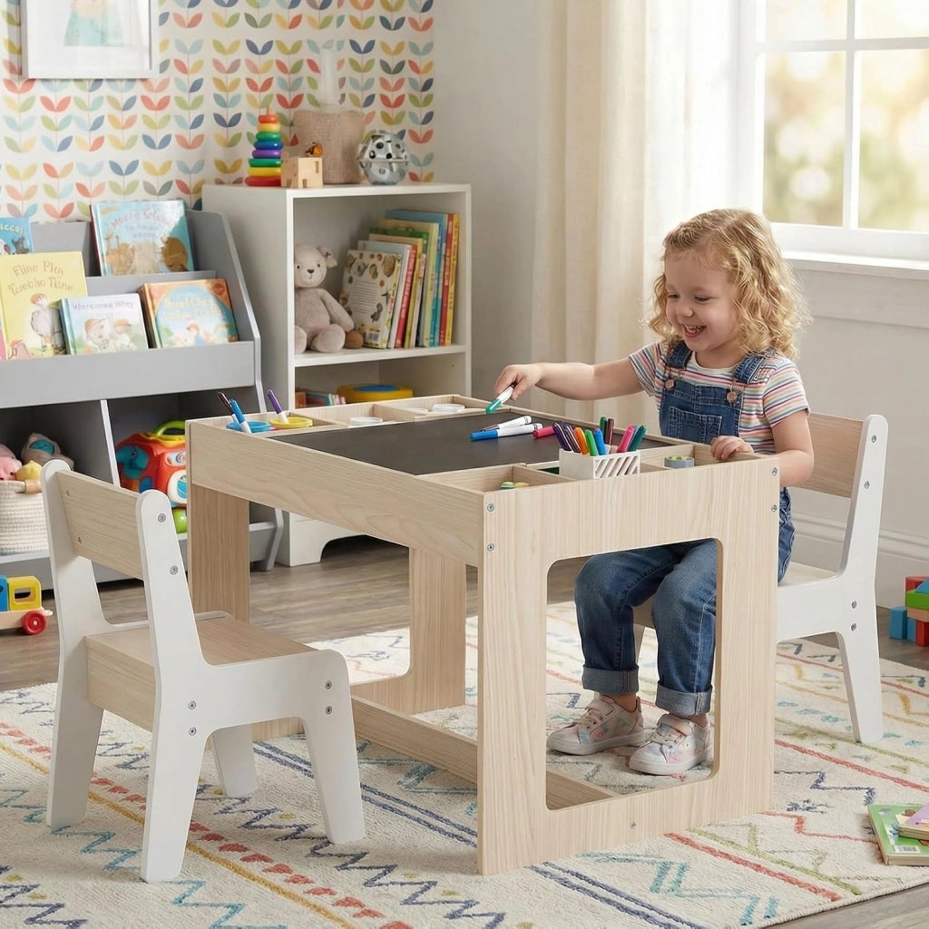 Set Tavolo Multifunzionale per Bambini e 2 Sedie, Tavolo e Sedie in Legno con Piano Doppio Rimovibile, Lavagna Nera & Lavagna Bianca, Compartimenti Laterali con Divisori Staccabili (Naturale)