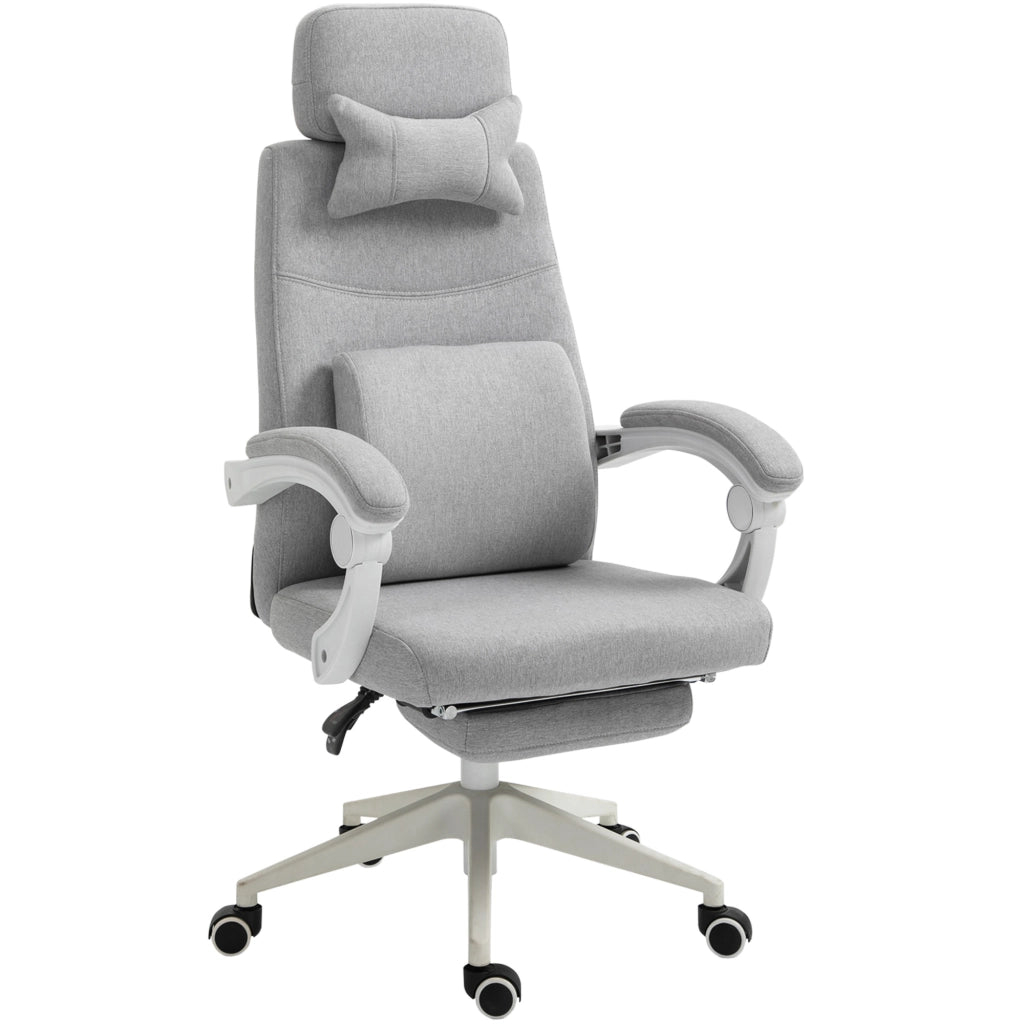 Sedia da Ufficio Ergonomica, Sedia da Scrivania con Rotelle, Cuscino Lombare, Poggiatesta e Poggiapiedi Estraibile, Grigia 62x68x117-127cm