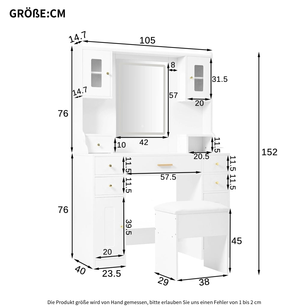 Tavolo trucco con specchio LED, 6 cassetti e 4 ante