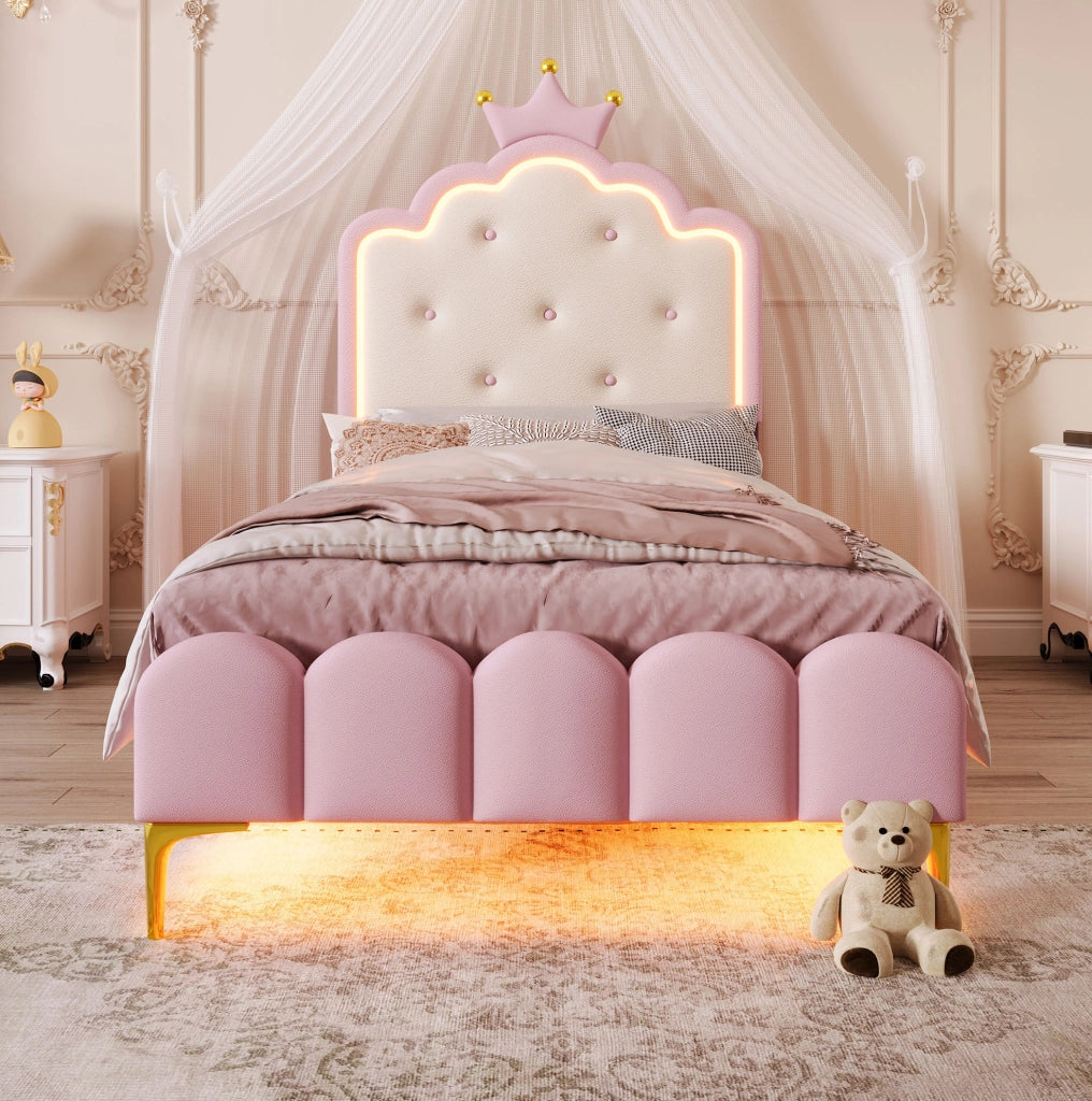 Letto imbottito principessa 90x200 cm rosa con LED