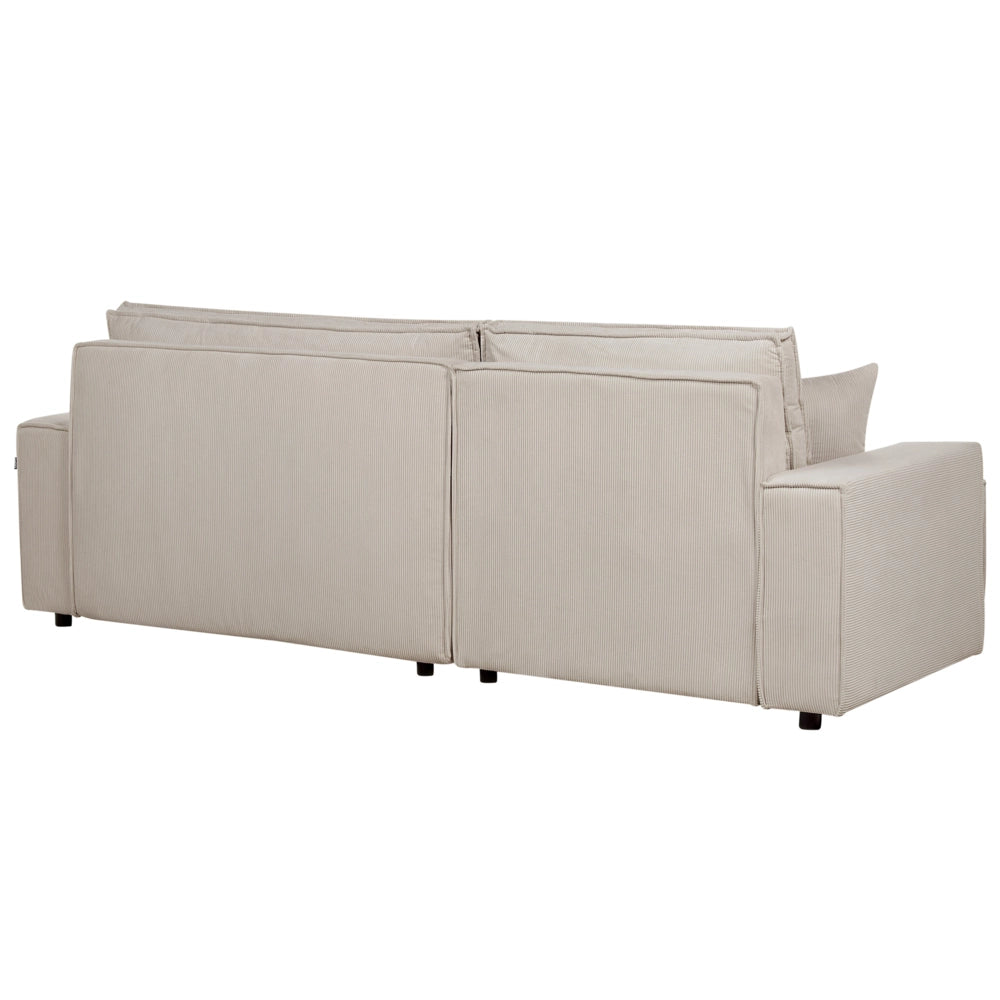 Divano angolare destro imbottito in velluto a coste beige con funzione di dormiente e schienale imbottito estraibile
