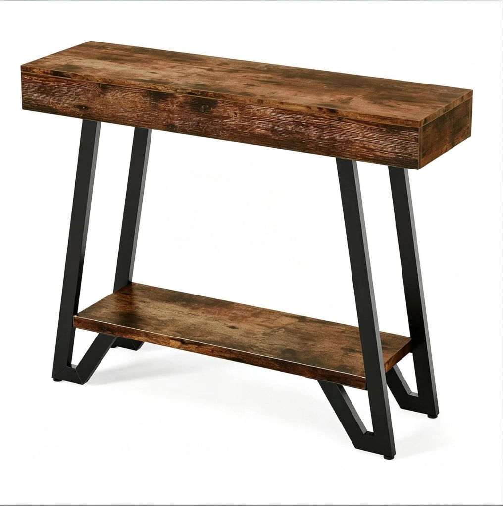Tavolino 103x30x80 cm in MDF e metallo， marrone rustico e nero， stile industriale