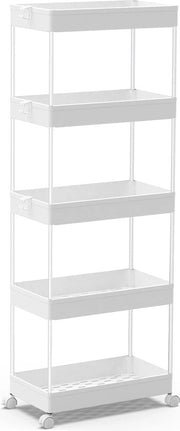 Trolley da cucina con 5 livelli, trolley trainabile, piastra da installare con ruote, dispensa per bagno e cucina, 113 x 40 x 22 cm, bianco