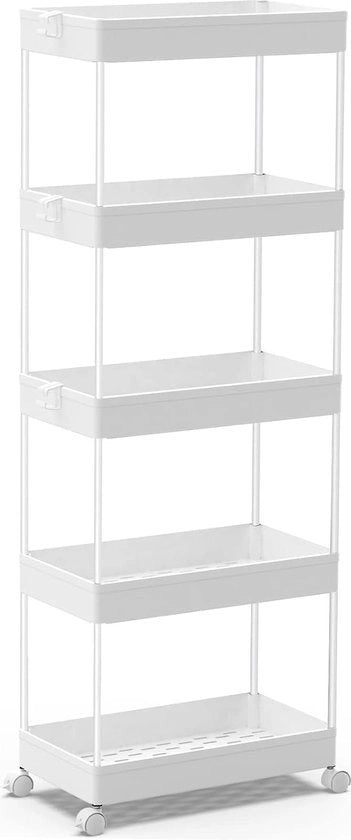 Trolley da cucina con 5 livelli, trolley trainabile, piastra da installare con ruote, dispensa per bagno e cucina, 113 x 40 x 22 cm, bianco