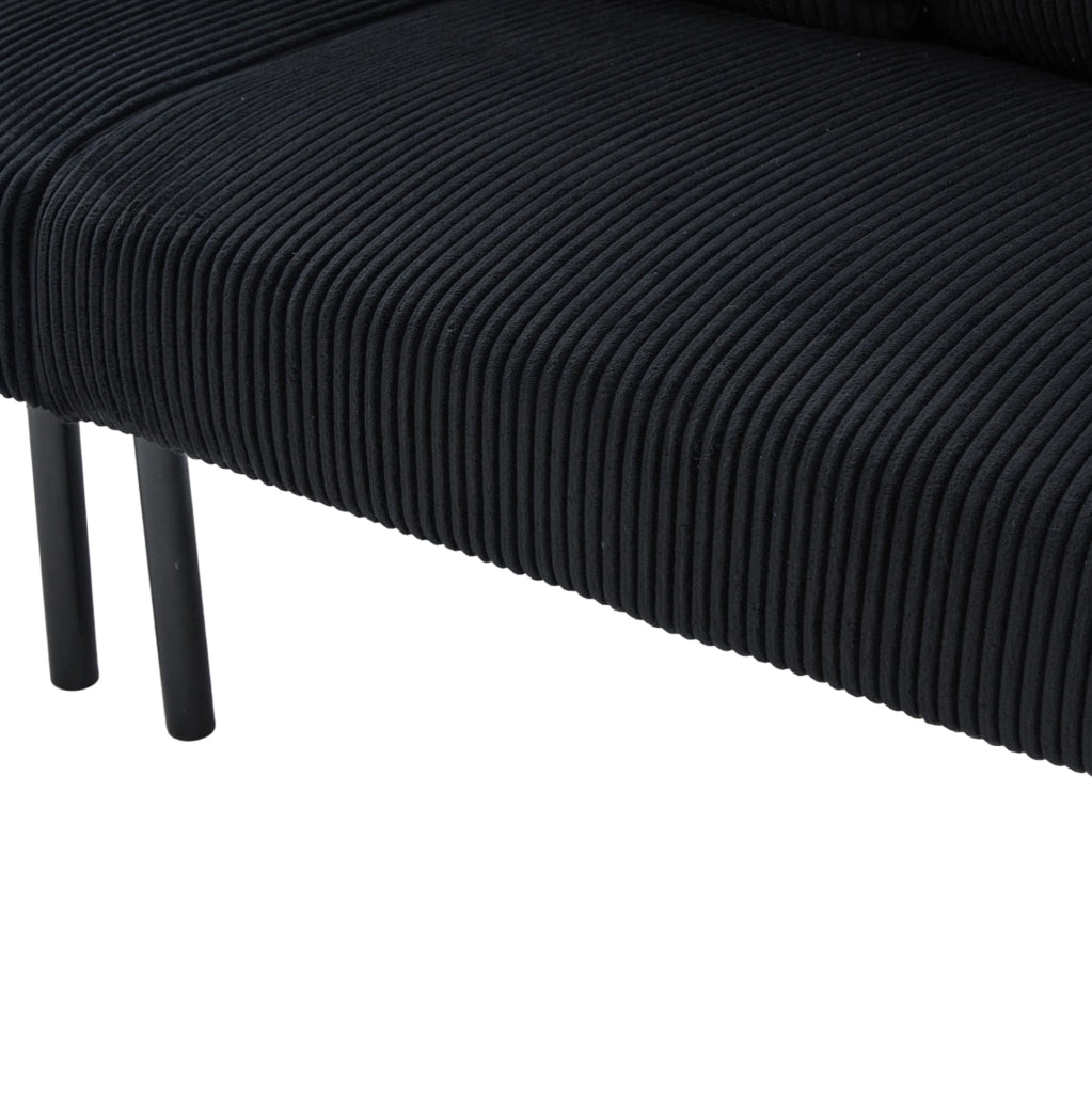Divano 3 posti in corduroy nero con tasca laterale; struttura in metallo; 171 x 72 x 80 cm